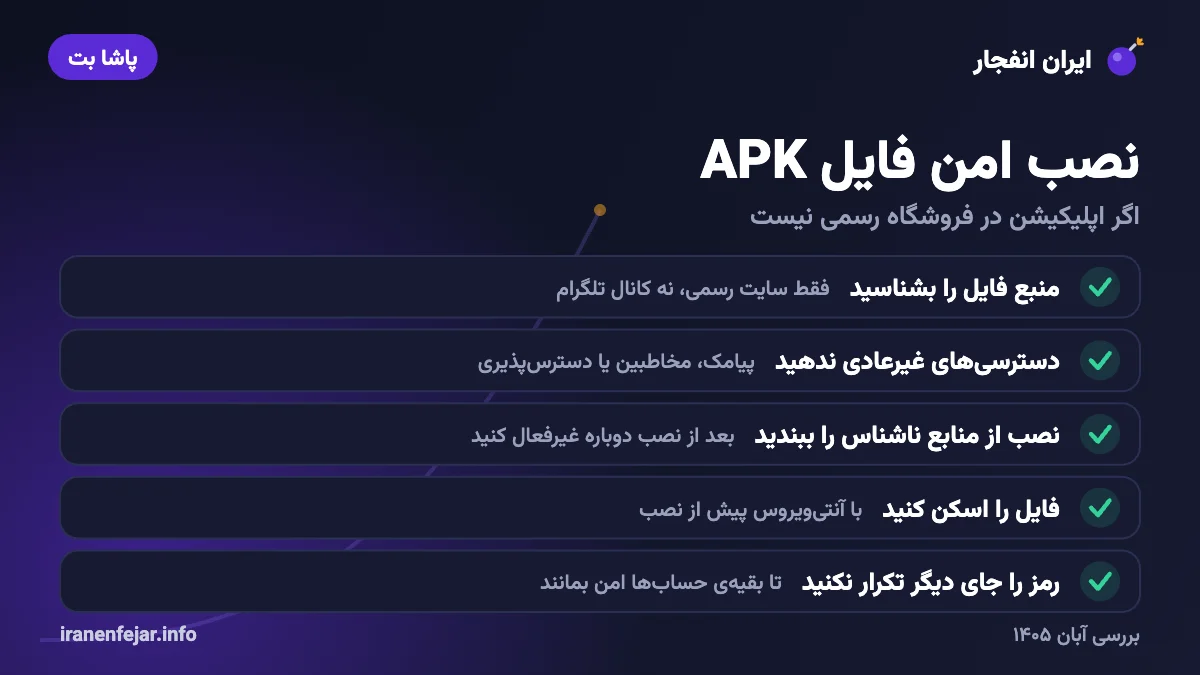 نکات نصب امن فایل APK اپلیکیشن سایت شرط بندی